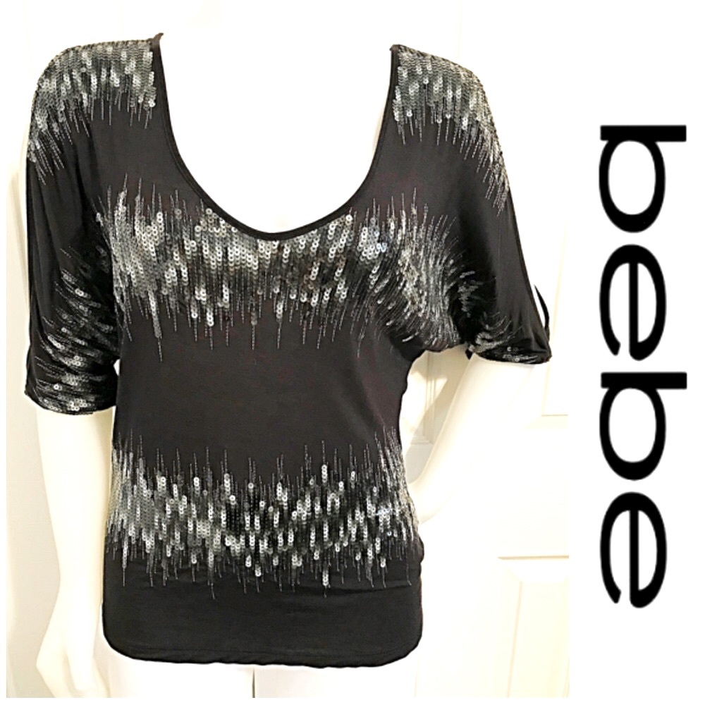 Bebe, V Neckline, Cold Shoulder, Sequins Black Top